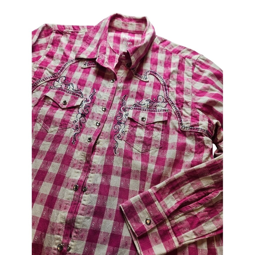 Rock 47 by Wrangler Pink Gingham Western Snap Shirt Embroidery Rhinestone Large